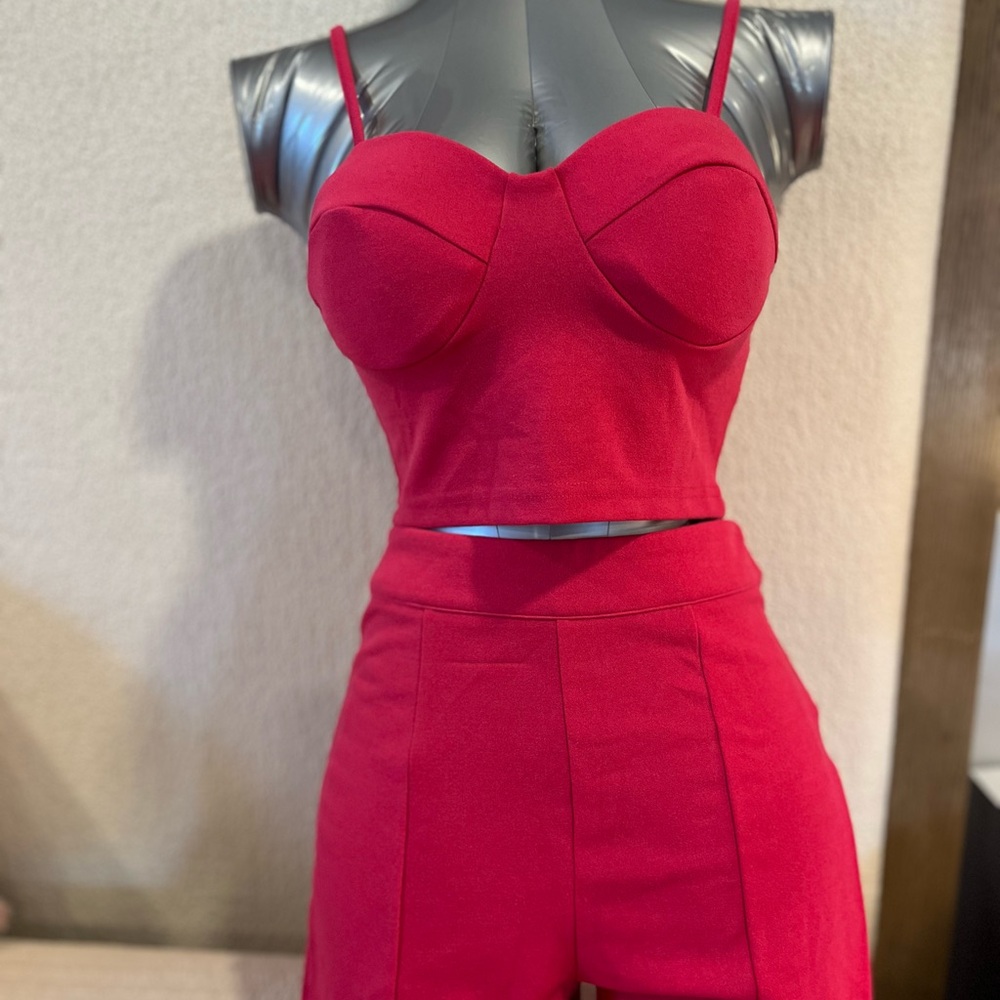 2 pieces set SHEIN Hot Pink High-Waist Wide Leg Split Pants and top